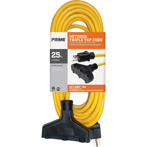 Vinyl Extension Cord, Outdoor, SJTW, 12/3 AWG, 15 A, 3 Outlet(s), 25' Sécurité Médic