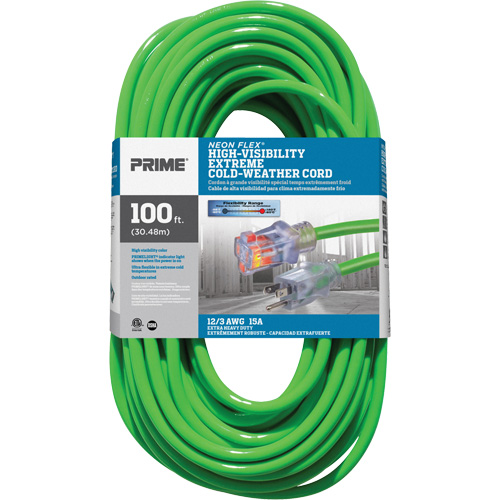 Neon Flex&reg; High Visibility Extension Cord, Outdoor, SJTW, 12/3 AWG, 15 A, 100' Sécurité Médic