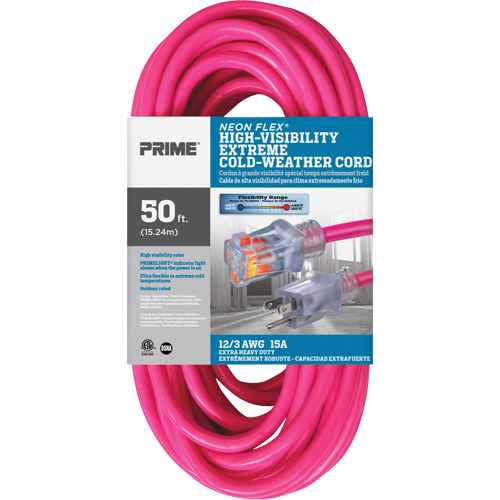 Neon Flex&reg; High Visibility Extension Cord, Outdoor, SJTW, 12/3 AWG, 15 A, 50' Sécurité Médic