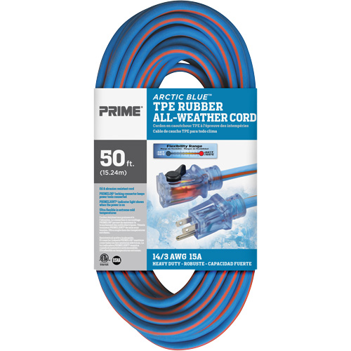 Arctic Blue Extension Cord, All-Weather, SJEOW, 14/3 AWG, 15 A, 50' Sécurité Médic