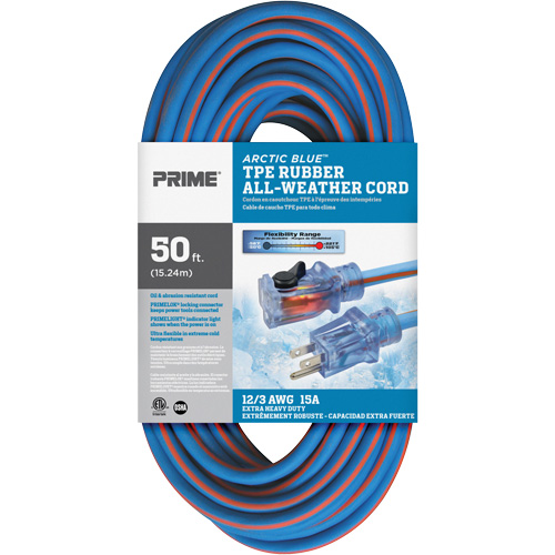 Arctic Blue TPE-Rubber Locking Extension Cord, All-Weather, SJEOW, 12/3 AWG, 15 A, 50' Sécurité Médic