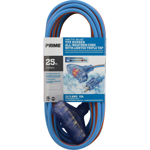 Arctic Blue TPE-Rubber Extension Cord, All-Weather, SJEOW, 12/3 AWG, 15 A, 3 Outlet(s), 25' Sécurité Médic