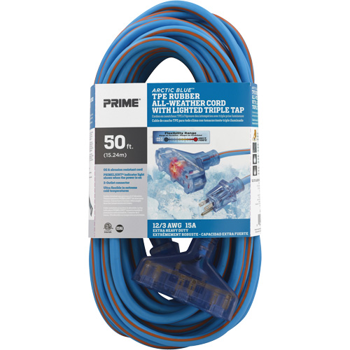 Arctic Blue TPE-Rubber Extension Cord, All-Weather, SJEOW, 12/3 AWG, 15 A, 3 Outlet(s), 50' Sécurité Médic
