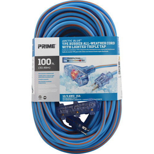 Arctic Blue TPE-Rubber Extension Cord, All-Weather, SJEOW, 12/3 AWG, 15 A, 3 Outlet(s), 100' Sécurité Médic
