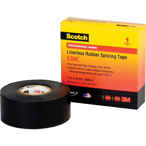 Scotch&reg; Linerless Rubber Splicing Tape 130C, 25.4 mm (1") x 9.14 m (30'), Black Sécurité Médic