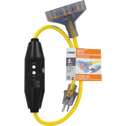 Shocksafe&reg; GFCI Triple Tap Adapter, 125 V, 15 A, 3' Cord Sécurité Médic