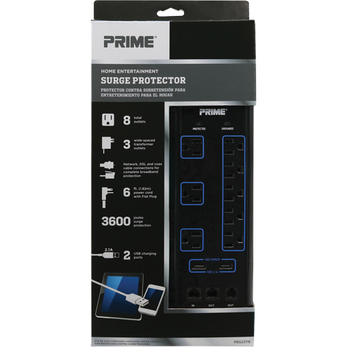 USB Charging Surge Protectors, 8 Outlets, 3600 J, 1875 W, 6' Cord Sécurité Médic