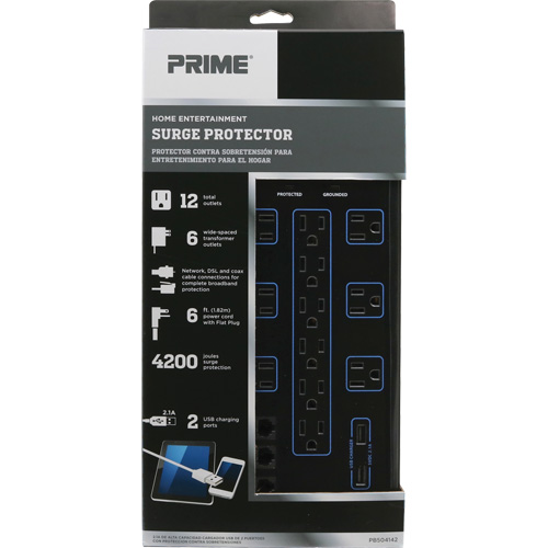 USB Charging Surge Protectors, 12 Outlets, 4200 J, 1875 W, 6' Cord Sécurité Médic