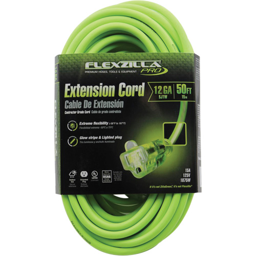 Flexzilla&reg; Pro Industrial Extension Cord, All-Weather, SJTW, 12/3 AWG, 15 A, 50' Sécurité Médic