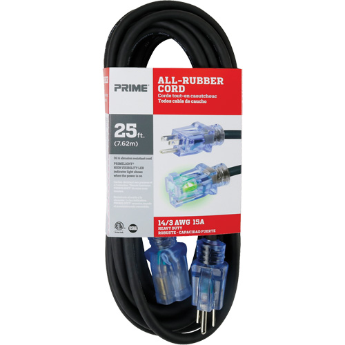 All-Rubber Extension Cord, Outdoor, SJOOW, 14/3 AWG, 15 A, 25' Sécurité Médic