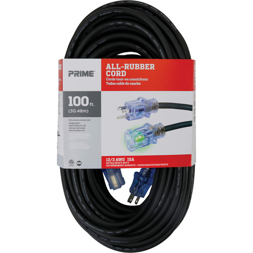 All-Rubber Extension Cord, Outdoor, SJOOW, 12/3 AWG, 15 A, 100' Sécurité Médic