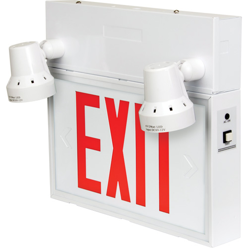 Enseigne de sortie avec &eacute;clairage de s&eacute;curit&eacute;, DEL, &agrave; piles/&agrave; raccordement fixe, 12-1/10" lo x 11" la, Anglais Sécurité Médic