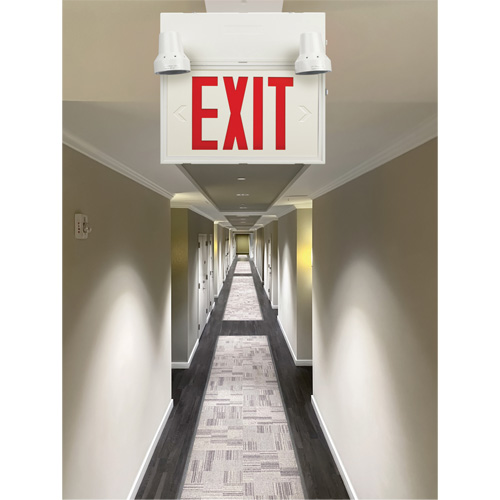 Enseigne de sortie avec &eacute;clairage de s&eacute;curit&eacute;, DEL, &agrave; piles/&agrave; raccordement fixe, 12-1/10" lo x 11" la, Anglais Sécurité Médic