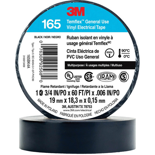 Temflex General Use Vinyl Electrical Tape 165, 19 mm (3/4") x 18 M (60'), Black, 6 mils Sécurité Médic