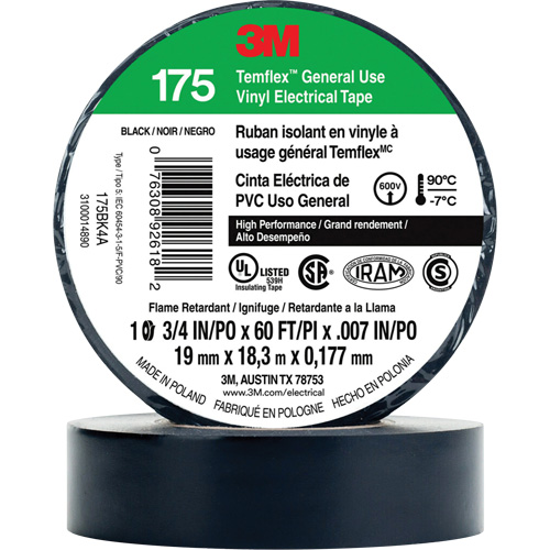 Temflex General Use Vinyl Electrical Tape 175, 19 mm (3/4") x 18 M (60'), Black, 7 mils Sécurité Médic