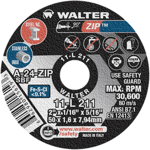 Zip Cut-Off Wheel, 2" x 1/16", 5/16" Arbor, Type 1, Aluminum Oxide, 5100 RPM Sécurité Médic