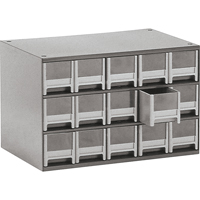 Modular Parts Cabinets, Steel, 15 Drawers, 17" x 10-9/16" x 3-1/16", Grey Sécurité Médic