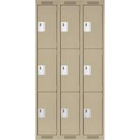 Clean Line Lockers, 3 -tier, Bank of 3, 36" x 18" x 72", Steel, Beige, Rivet (Assembled) Sécurité Médic