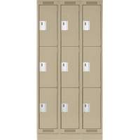 Clean Line Lockers, 3 -tier, Bank of 3, 36" x 18" x 76", Steel, Beige, Rivet (Assembled) Sécurité Médic