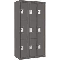 Clean Line Lockers, 3 -tier, Bank of 3, 36" x 18" x 72", Steel, Charcoal, Rivet (Assembled) Sécurité Médic