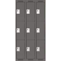 Clean Line Lockers, 3 -tier, Bank of 3, 36" x 18" x 72", Steel, Charcoal, Rivet (Assembled) Sécurité Médic