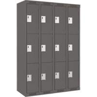 Clean Line Lockers, 3 -tier, Bank of 4, 48" x 18" x 72", Steel, Charcoal, Rivet (Assembled) Sécurité Médic