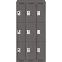 Clean Line Lockers, 3 -tier, Bank of 3, 36" x 18" x 78", Steel, Charcoal, Rivet (Assembled) Sécurité Médic