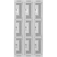 Clean Line Lockers, 3 -tier, Bank of 3, 36" x 12" x 72", Steel, Grey, Rivet (Assembled), Perforated Sécurité Médic