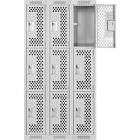 Clean Line Lockers, 3 -tier, Bank of 3, 36" x 12" x 72", Steel, Grey, Rivet (Assembled), Perforated Sécurité Médic