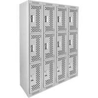 Clean Line Lockers, 3 -tier, Bank of 4, 48" x 12" x 72", Steel, Grey, Rivet (Assembled), Perforated Sécurité Médic