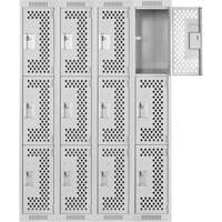 Clean Line Lockers, 3 -tier, Bank of 4, 48" x 12" x 72", Steel, Grey, Rivet (Assembled), Perforated Sécurité Médic