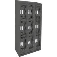 Clean Line Lockers, 3 -tier, Bank of 3, 36" x 12" x 82", Steel, Charcoal, Rivet (Assembled), Perforated Sécurité Médic