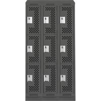 Clean Line Lockers, 3 -tier, Bank of 3, 36" x 12" x 82", Steel, Charcoal, Rivet (Assembled), Perforated Sécurité Médic