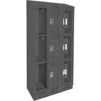 Clean Line Lockers, 3 -tier, Bank of 3, 36" x 12" x 82", Steel, Charcoal, Rivet (Assembled), Perforated Sécurité Médic