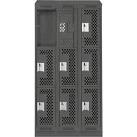 Clean Line Lockers, 3 -tier, Bank of 3, 36" x 12" x 82", Steel, Charcoal, Rivet (Assembled), Perforated Sécurité Médic