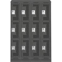 Clean Line Lockers, 3 -tier, Bank of 4, 48" x 18" x 82", Steel, Charcoal, Rivet (Assembled), Perforated Sécurité Médic