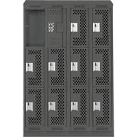 Clean Line Lockers, 3 -tier, Bank of 4, 48" x 18" x 82", Steel, Charcoal, Rivet (Assembled), Perforated Sécurité Médic