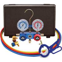 Automotive R134A 2-Way Manifold Gauge Set with 3-In-1 Side Mount Can Tap Valve Sécurité Médic