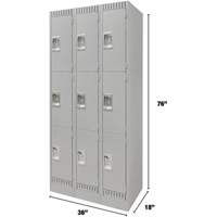Lockers, 3 -tier, Bank of 3, 36" x 18" x 76", Steel, Grey, Knocked Down Sécurité Médic