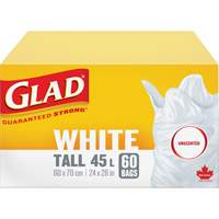 Tall 45L Unscented Garbage Bags, Regular, 24" W x 28" L, White Sécurité Médic