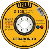 Meule &agrave; tronçonner pour acier et acier inoxydable CERABOND X, 5" x 0,6", Arbre de 7/8", Type 1, C&eacute;ramique, 12250 Tr/min Sécurité Médic