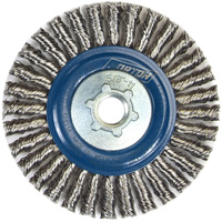 Brosse &agrave; fils nou&eacute;s pour cordons de soudure pour meuleuse angulaire, Dia. 4", Fils 0,02", Arbre 5/8"-11, Acier inoxydable Sécurité Médic