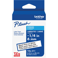 Ruban lamin&eacute; TZe-211 pour &eacute;tiqueteuses P-Touch compatibles avec les rubans TZe, Noir sur blanc, Largeur de 0,23" Sécurité Médic