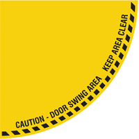 Signalisation au sol ?Caution? (attention) pour porte battante en quart de cercle, Adh&eacute;sif, Anglais avec pictogramme Sécurité Médic