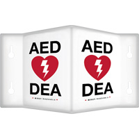 90° Projecting "AED/DEA" Sign, 6" x 5", Plastic, Bilingual with Pictogram Sécurité Médic