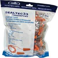 Bouchons d'oreilles coniques jetables en mousse de PU orange SEALTEC33, Vrac - Sac en poly, Avec cordon Sécurité Médic