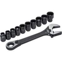 11-Piece Pass-Thru X6 Adjustable Wrench & Spline Socket Set, 13" L, 2-27/50" Max Width, Black Phosphate Sécurité Médic