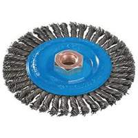 Brosse &agrave; fils nou&eacute;s pour cordons de soudure, Dia. 4", Fils 0,02", Arbre 5/8"-11, Aluminium/Acier inoxydable Sécurité Médic