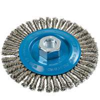 Brosse &agrave; fils &eacute;troits nou&eacute;s et torsad&eacute;s, Dia. 5", Fils 0,02", Arbre 5/8"-11, Aluminium/Acier inoxydable Sécurité Médic