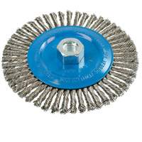 Brosse &agrave; fils &eacute;troits nou&eacute;s et torsad&eacute;s, Dia. 6", Fils 0,02", Arbre 5/8"-11, Aluminium/Acier inoxydable Sécurité Médic